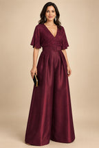Jumpsuit V Neck Half Sleeve Long Sparkling Mother of the Bride Dresses with Belt (SHI22500201)