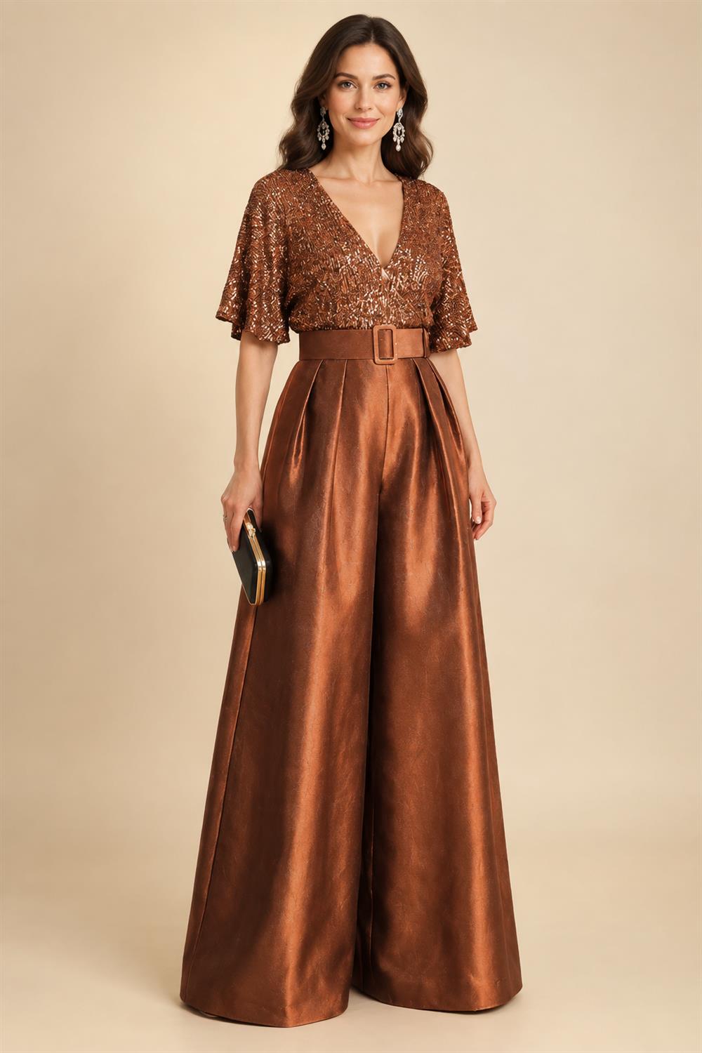 Jumpsuit V Neck Half Sleeve Long Sparkling Mother of the Bride Dresses with Belt (SHI22500201)
