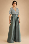 Jumpsuit V Neck Half Sleeve Long Sparkling Mother of the Bride Dresses with Belt (SHI22500201)