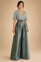 Jumpsuit V Neck Half Sleeve Long Sparkling Mother of the Bride Dresses with Belt (SHI22500201)