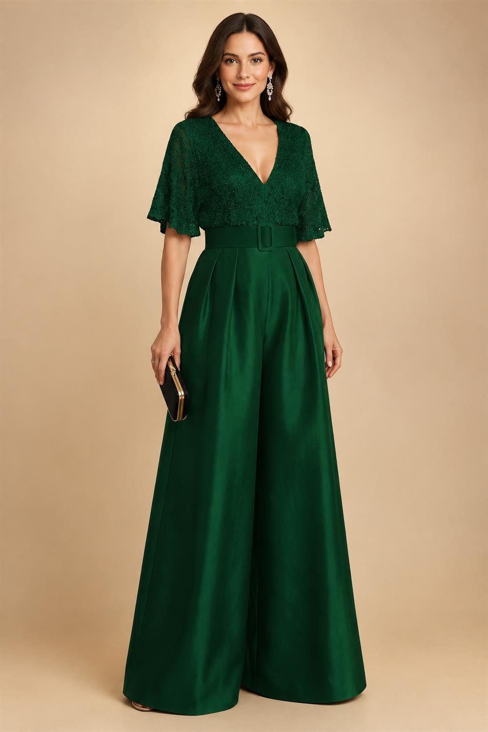 Jumpsuit V Neck Half Sleeve Long Sparkling Mother of the Bride Dresses with Belt (SHI22500201)