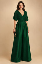 Jumpsuit V Neck Half Sleeve Long Sparkling Mother of the Bride Dresses with Belt (SHI22500201)