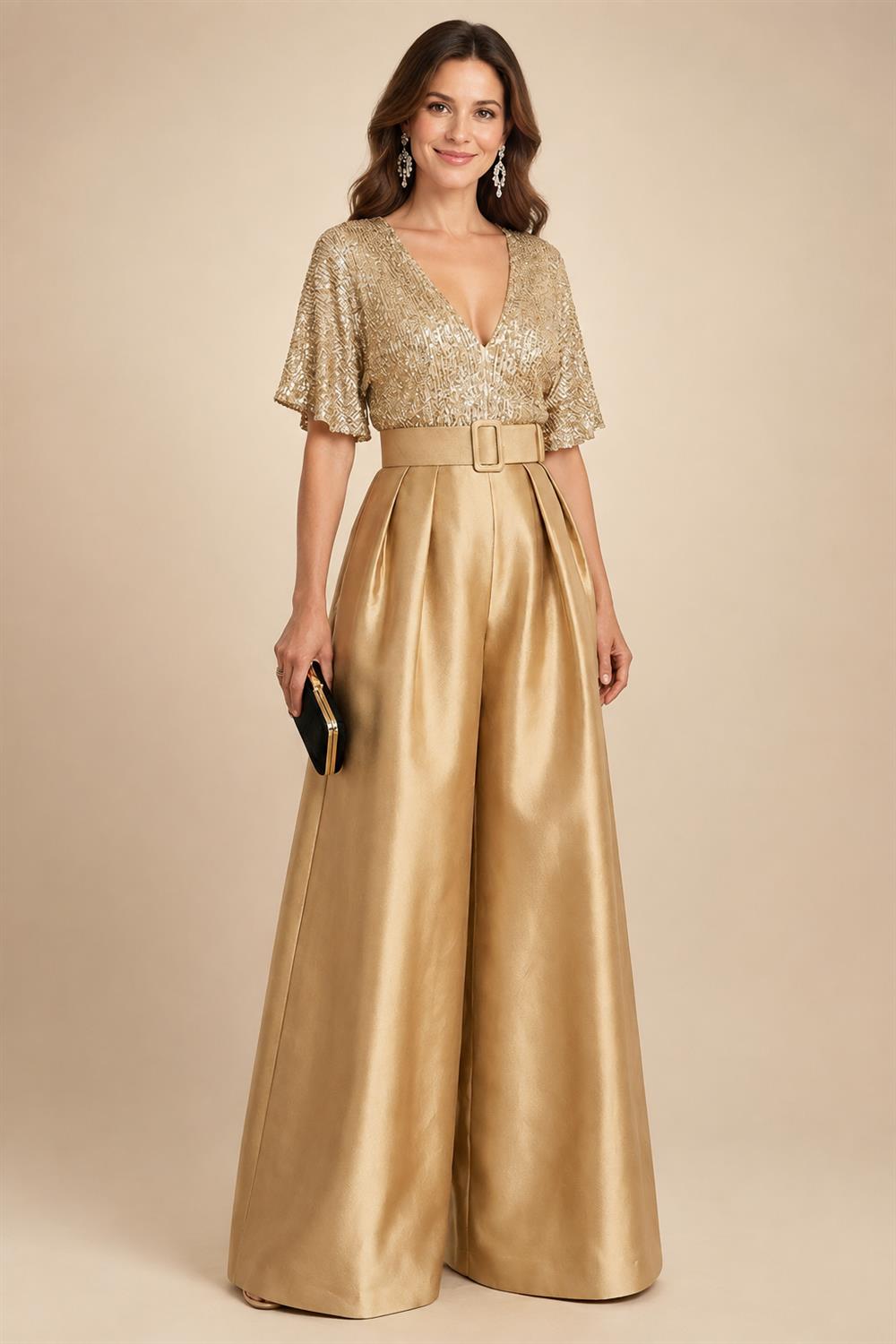 Jumpsuit V Neck Half Sleeve Long Sparkling Mother of the Bride Dresses with Belt (SHI22500201)