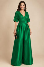 Jumpsuit V Neck Half Sleeve Long Sparkling Mother of the Bride Dresses with Belt (SHI22500201)