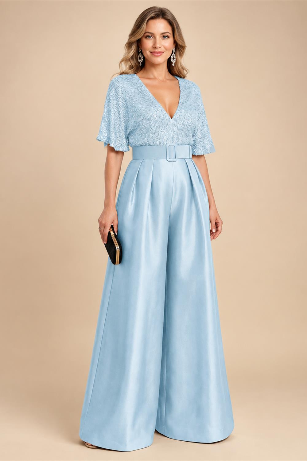 Jumpsuit V Neck Half Sleeve Long Sparkling Mother of the Bride Dresses with Belt (SHI22500201)