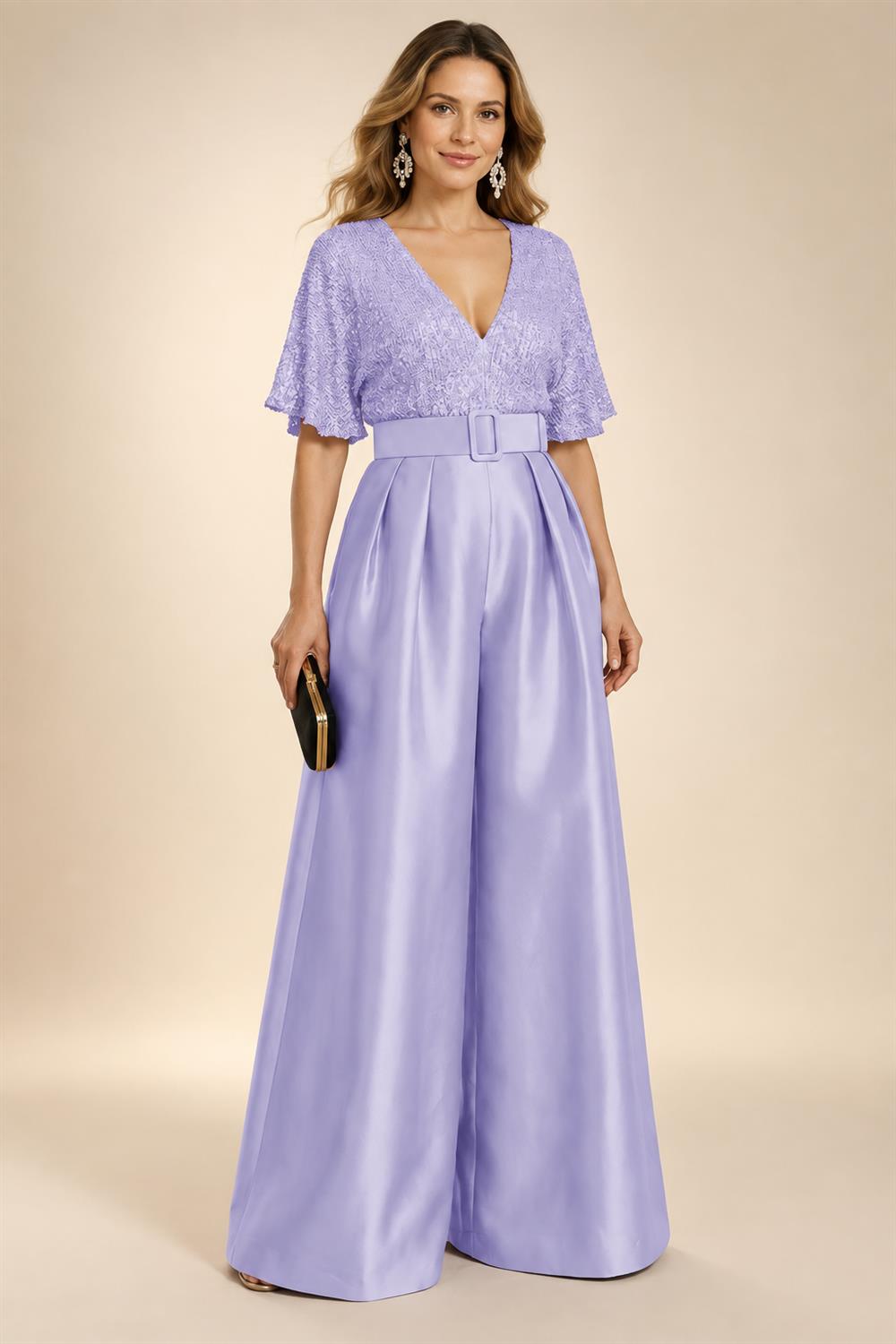 Jumpsuit V Neck Half Sleeve Long Sparkling Mother of the Bride Dresses with Belt (SHI22500201)