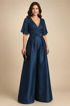 Jumpsuit V Neck Half Sleeve Long Sparkling Mother of the Bride Dresses with Belt (SHI22500201)