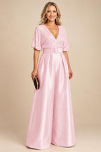 Jumpsuit V Neck Half Sleeve Long Sparkling Mother of the Bride Dresses with Belt (SHI22500201)