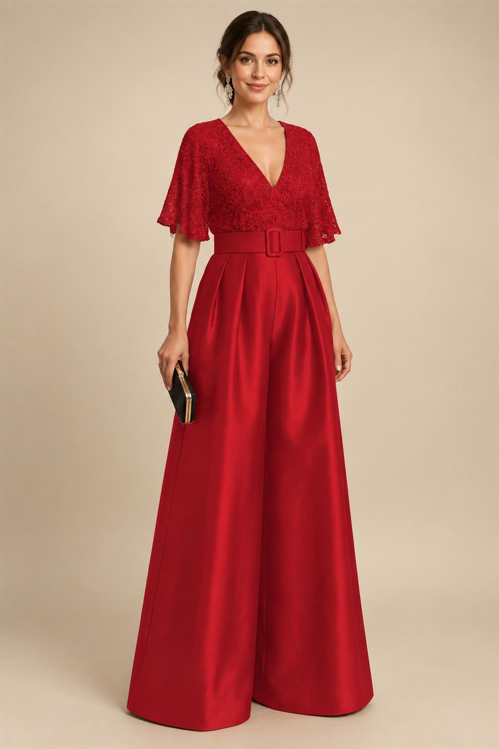 Jumpsuit V Neck Half Sleeve Long Sparkling Mother of the Bride Dresses with Belt (SHI22500201)