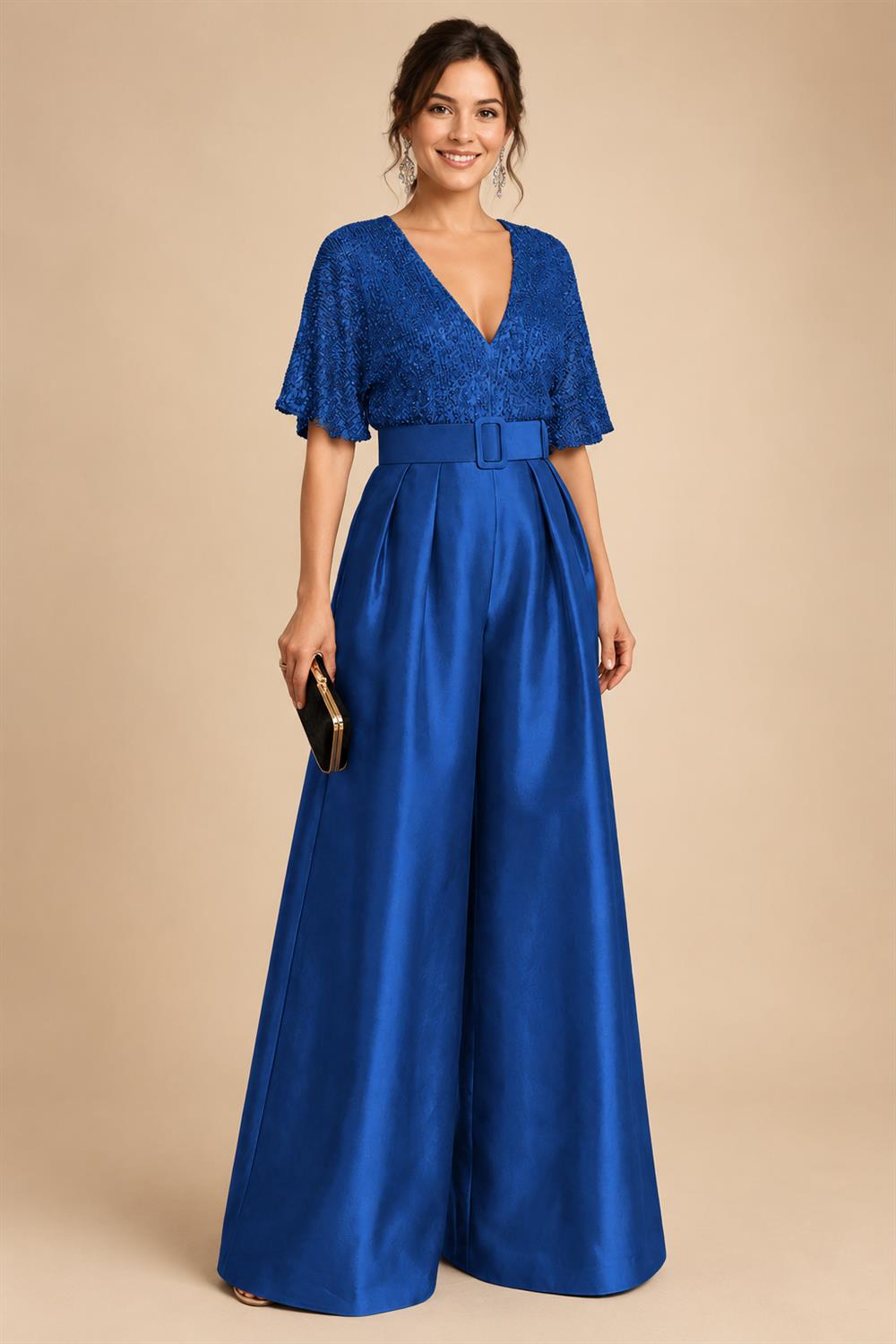 Jumpsuit V Neck Half Sleeve Long Sparkling Mother of the Bride Dresses with Belt (SHI22500201)