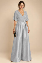 Jumpsuit V Neck Half Sleeve Long Sparkling Mother of the Bride Dresses with Belt (SHI22500201)