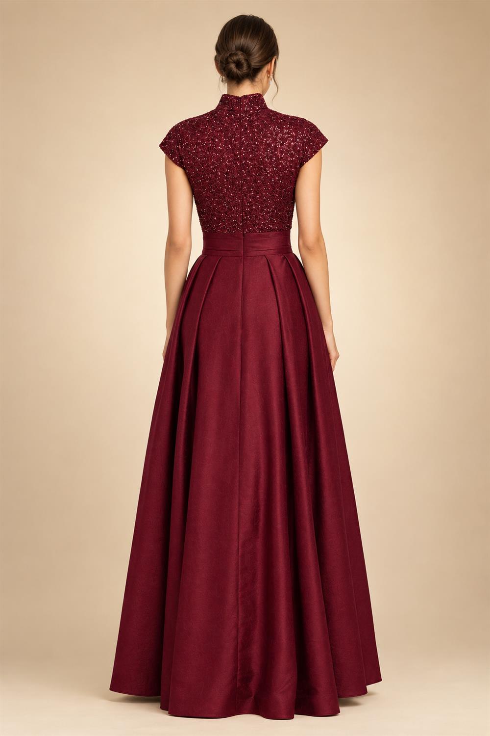 A Line/Princess Stand Collar Short Sleeve Long Elegant Mother of the Bride Dresses (SHI22500207)
