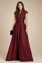 A Line/Princess Stand Collar Short Sleeve Long Elegant Mother of the Bride Dresses (SHI22500207)