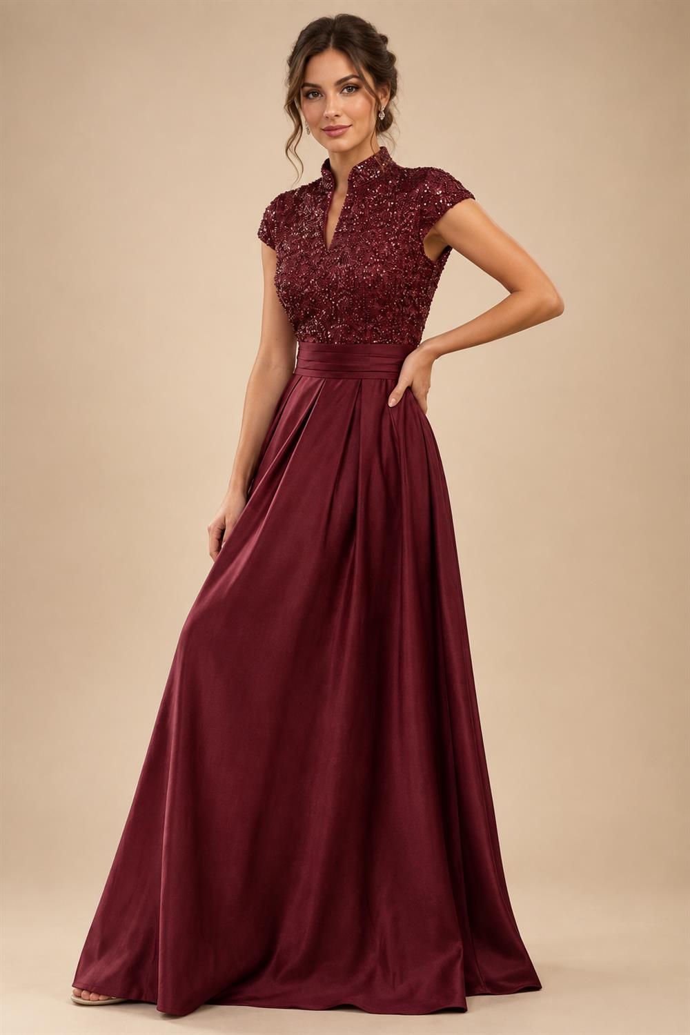 A Line/Princess Stand Collar Short Sleeve Long Elegant Mother of the Bride Dresses (SHI22500207)