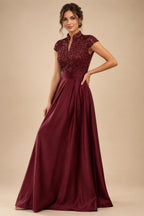 A Line/Princess Stand Collar Short Sleeve Long Elegant Mother of the Bride Dresses (SHI22500207)