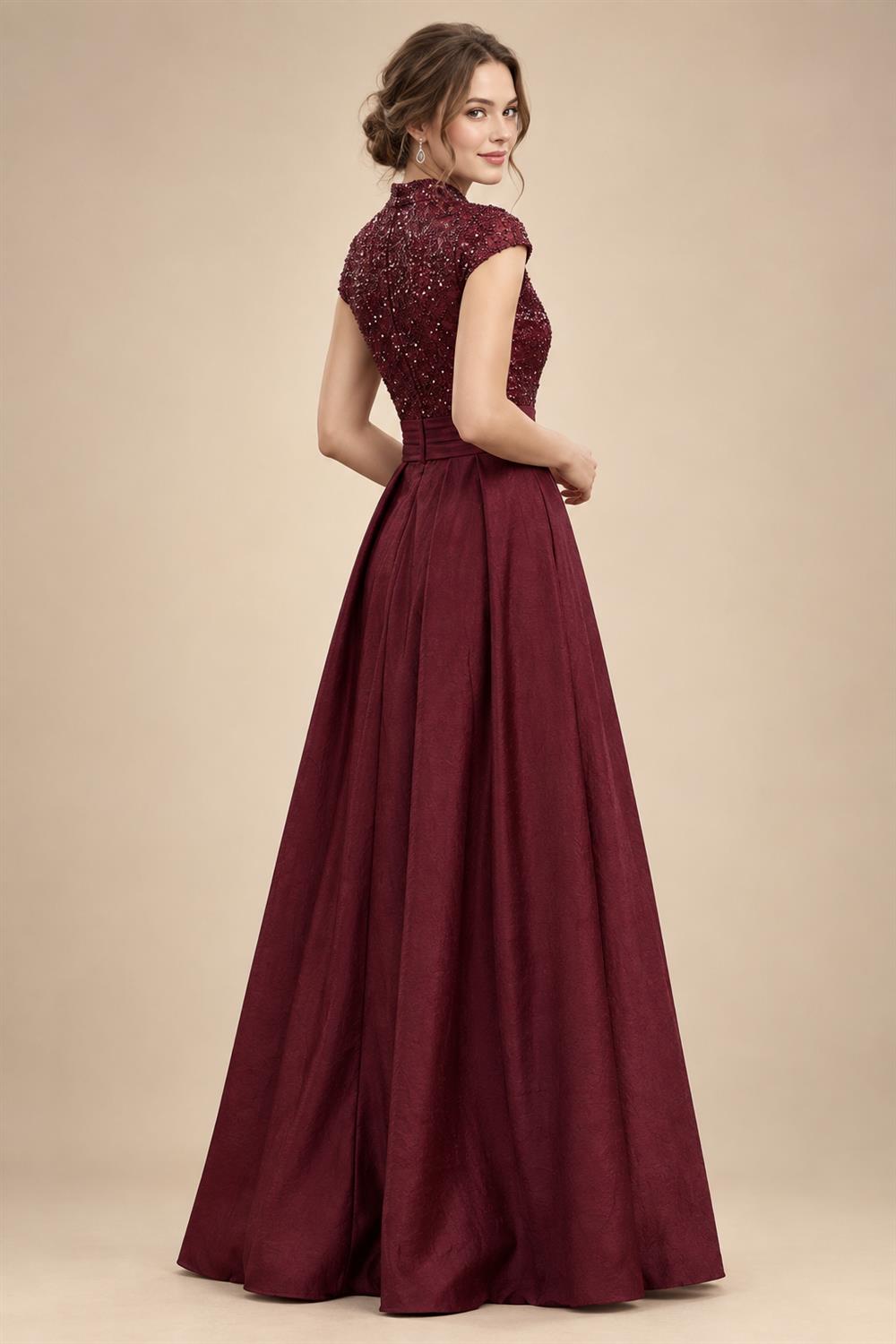 A Line/Princess Stand Collar Short Sleeve Long Elegant Mother of the Bride Dresses (SHI22500207)