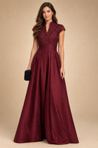 A Line/Princess Stand Collar Short Sleeve Long Elegant Mother of the Bride Dresses (SHI22500207)