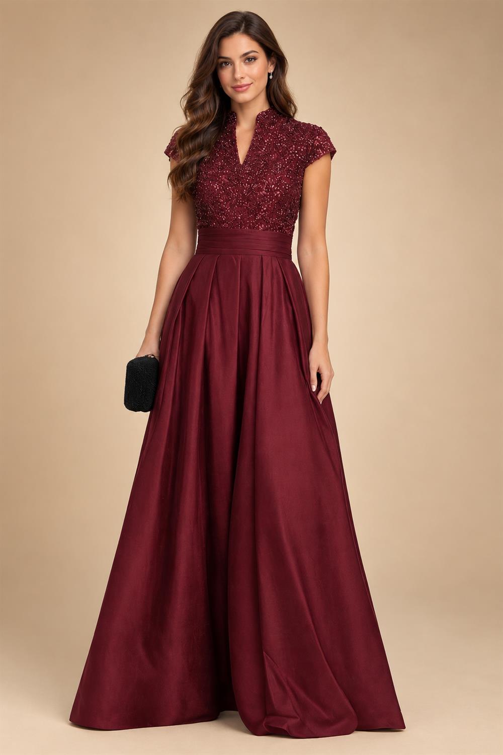 A Line/Princess Stand Collar Short Sleeve Long Elegant Mother of the Bride Dresses (SHI22500207)
