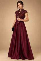 A Line/Princess Stand Collar Short Sleeve Long Elegant Mother of the Bride Dresses (SHI22500207)