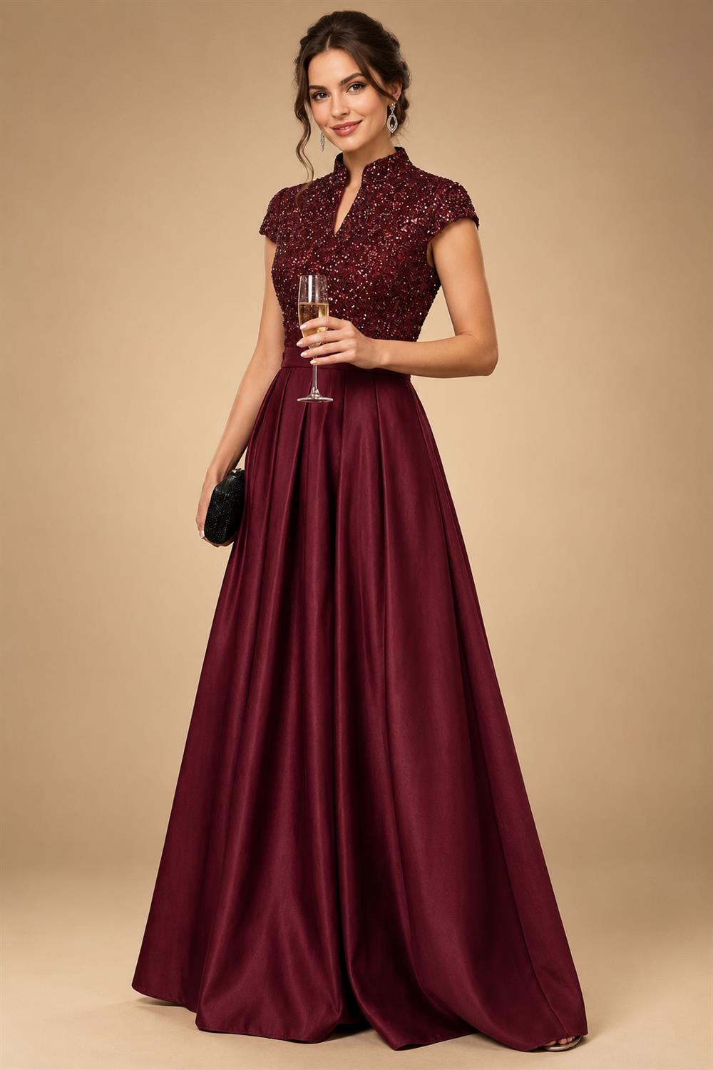 A Line/Princess Stand Collar Short Sleeve Long Elegant Mother of the Bride Dresses (SHI22500207)