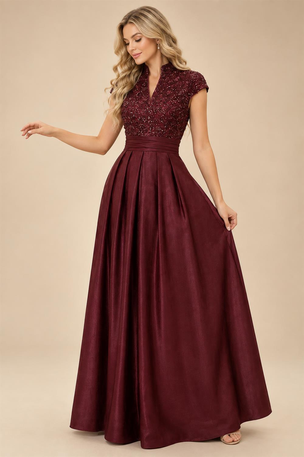 A Line/Princess Stand Collar Short Sleeve Long Elegant Mother of the Bride Dresses (SHI22500207)