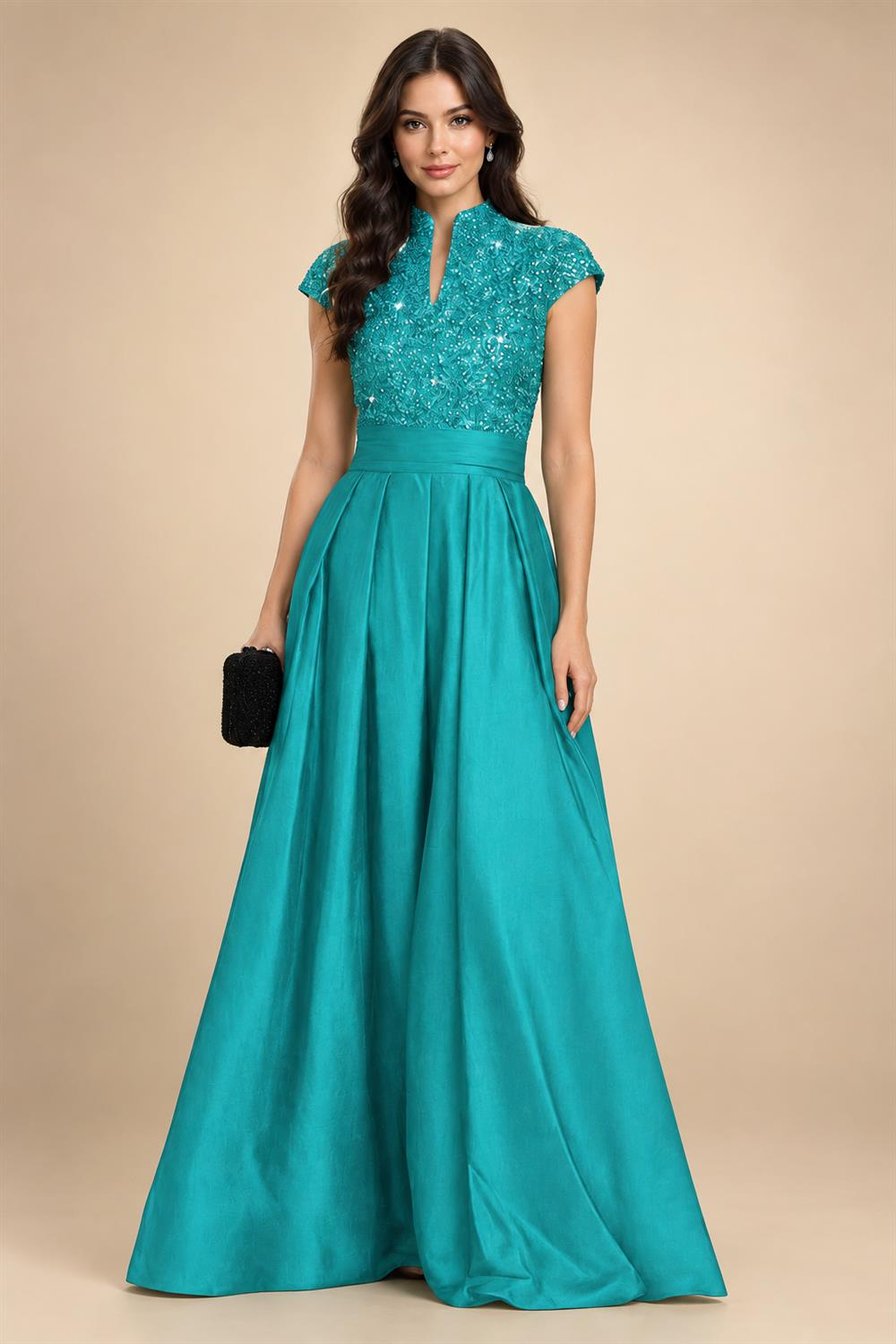 A Line/Princess Stand Collar Short Sleeve Long Elegant Mother of the Bride Dresses (SHI22500207)
