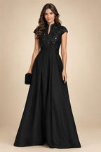 A Line/Princess Stand Collar Short Sleeve Long Elegant Mother of the Bride Dresses (SHI22500207)