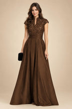A Line/Princess Stand Collar Short Sleeve Long Elegant Mother of the Bride Dresses (SHI22500207)