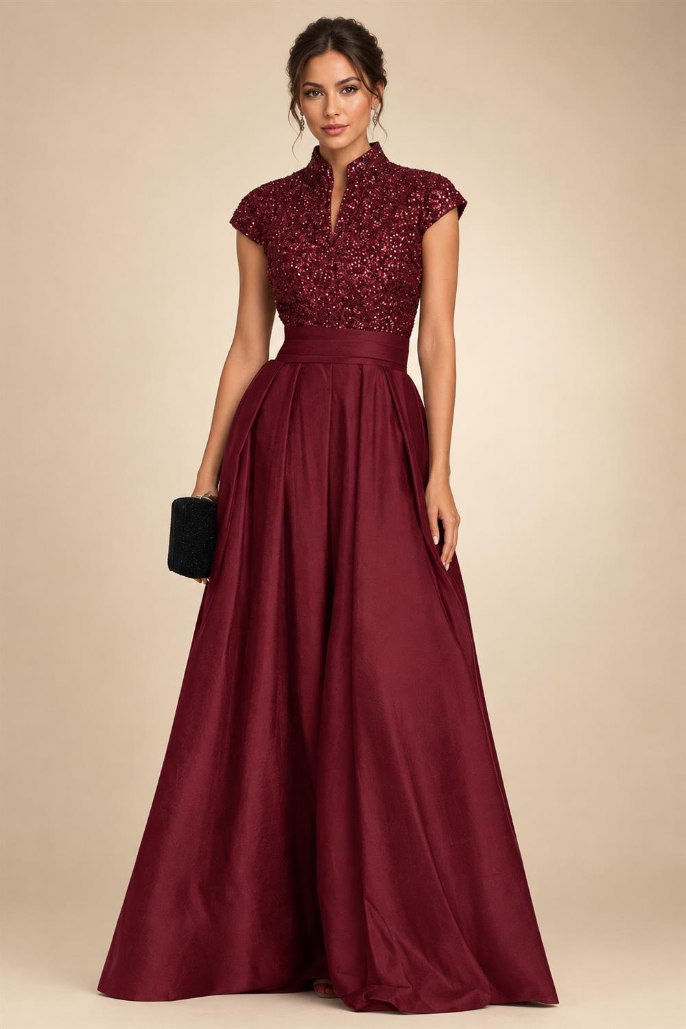 A Line/Princess Stand Collar Short Sleeve Long Elegant Mother of the Bride Dresses (SHI22500207)