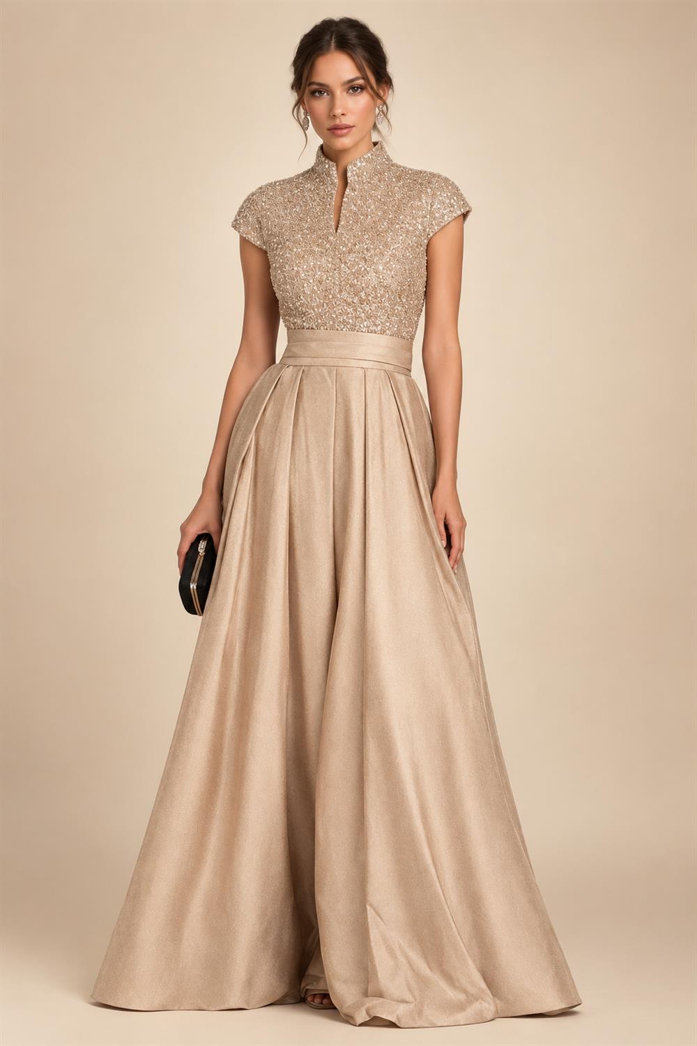 A Line/Princess Stand Collar Short Sleeve Long Elegant Mother of the Bride Dresses (SHI22500207)