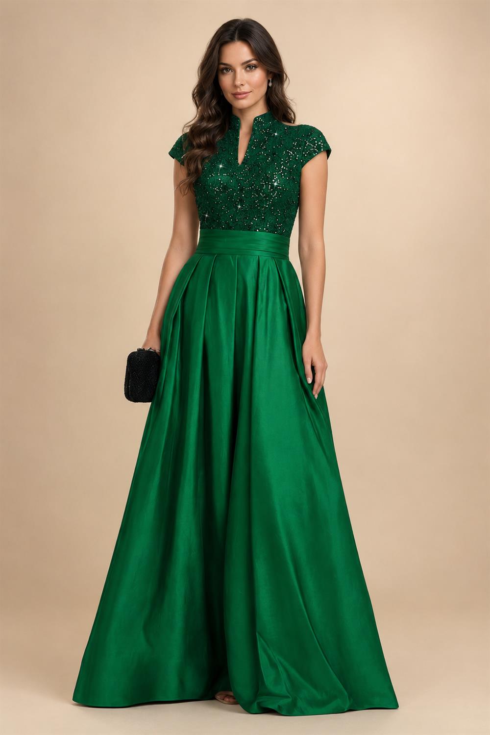 A Line/Princess Stand Collar Short Sleeve Long Elegant Mother of the Bride Dresses (SHI22500207)