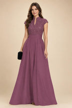 A Line/Princess Stand Collar Short Sleeve Long Elegant Mother of the Bride Dresses (SHI22500207)