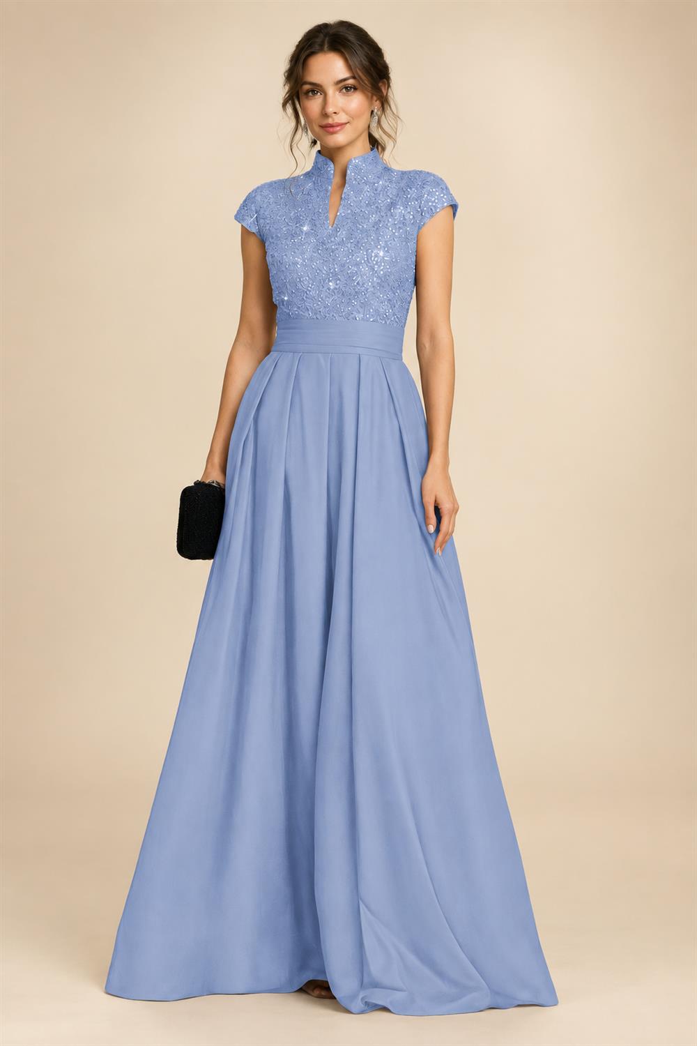 A Line/Princess Stand Collar Short Sleeve Long Elegant Mother of the Bride Dresses (SHI22500207)