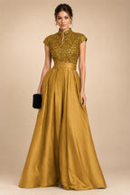 A Line/Princess Stand Collar Short Sleeve Long Elegant Mother of the Bride Dresses (SHI22500207)