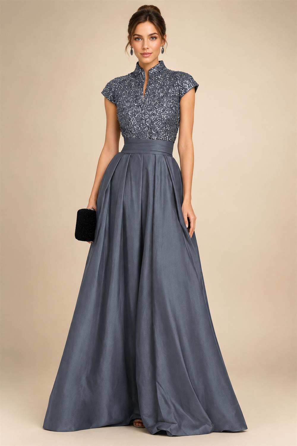 A Line/Princess Stand Collar Short Sleeve Long Elegant Mother of the Bride Dresses (SHI22500207)