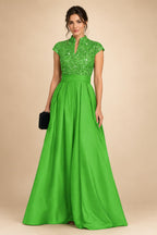 A Line/Princess Stand Collar Short Sleeve Long Elegant Mother of the Bride Dresses (SHI22500207)