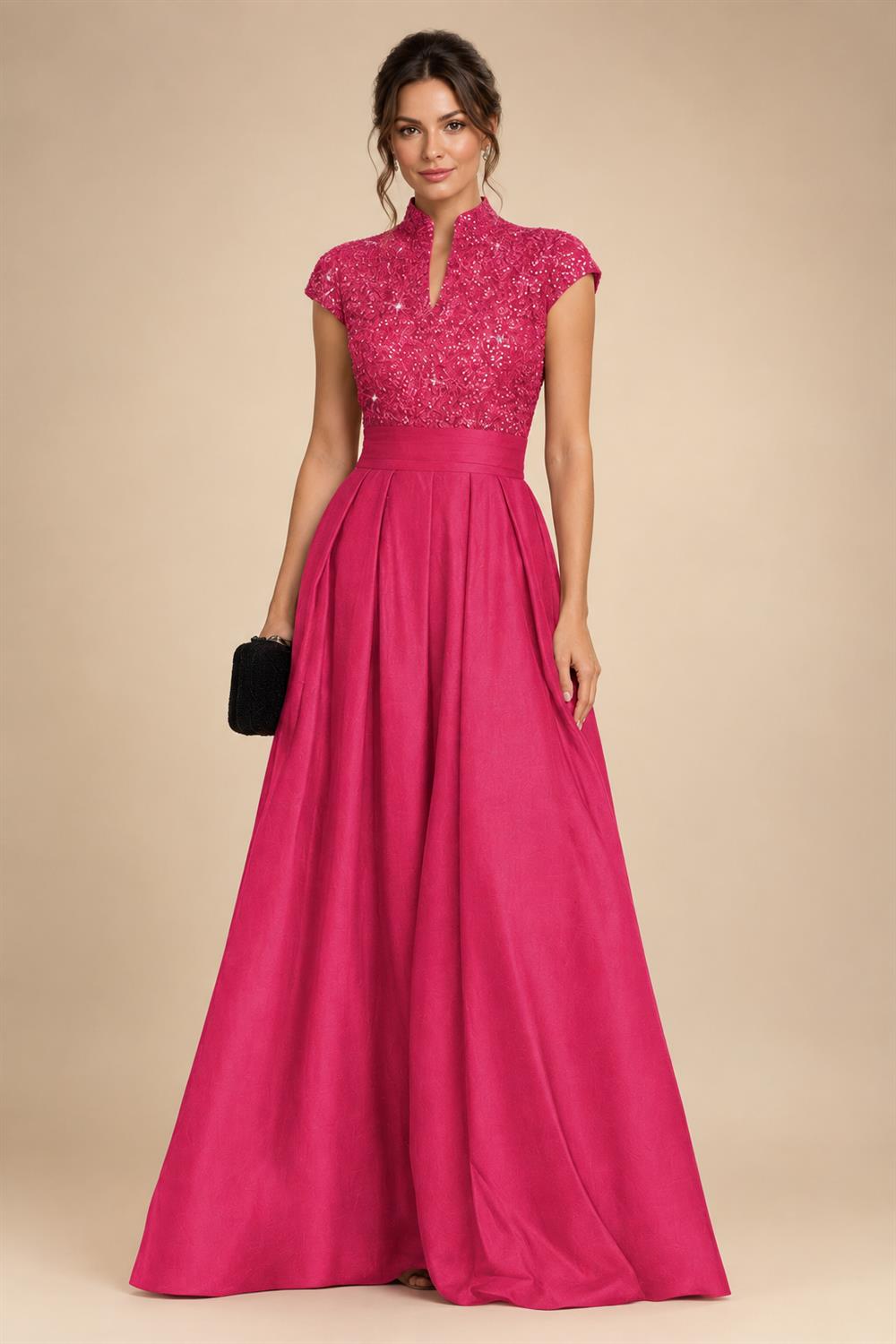 A Line/Princess Stand Collar Short Sleeve Long Elegant Mother of the Bride Dresses (SHI22500207)