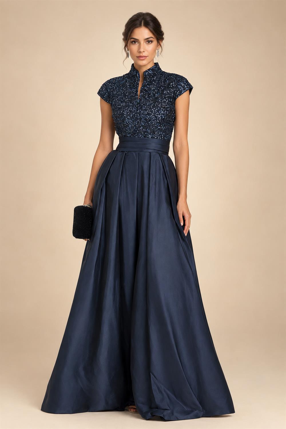 A Line/Princess Stand Collar Short Sleeve Long Elegant Mother of the Bride Dresses (SHI22500207)
