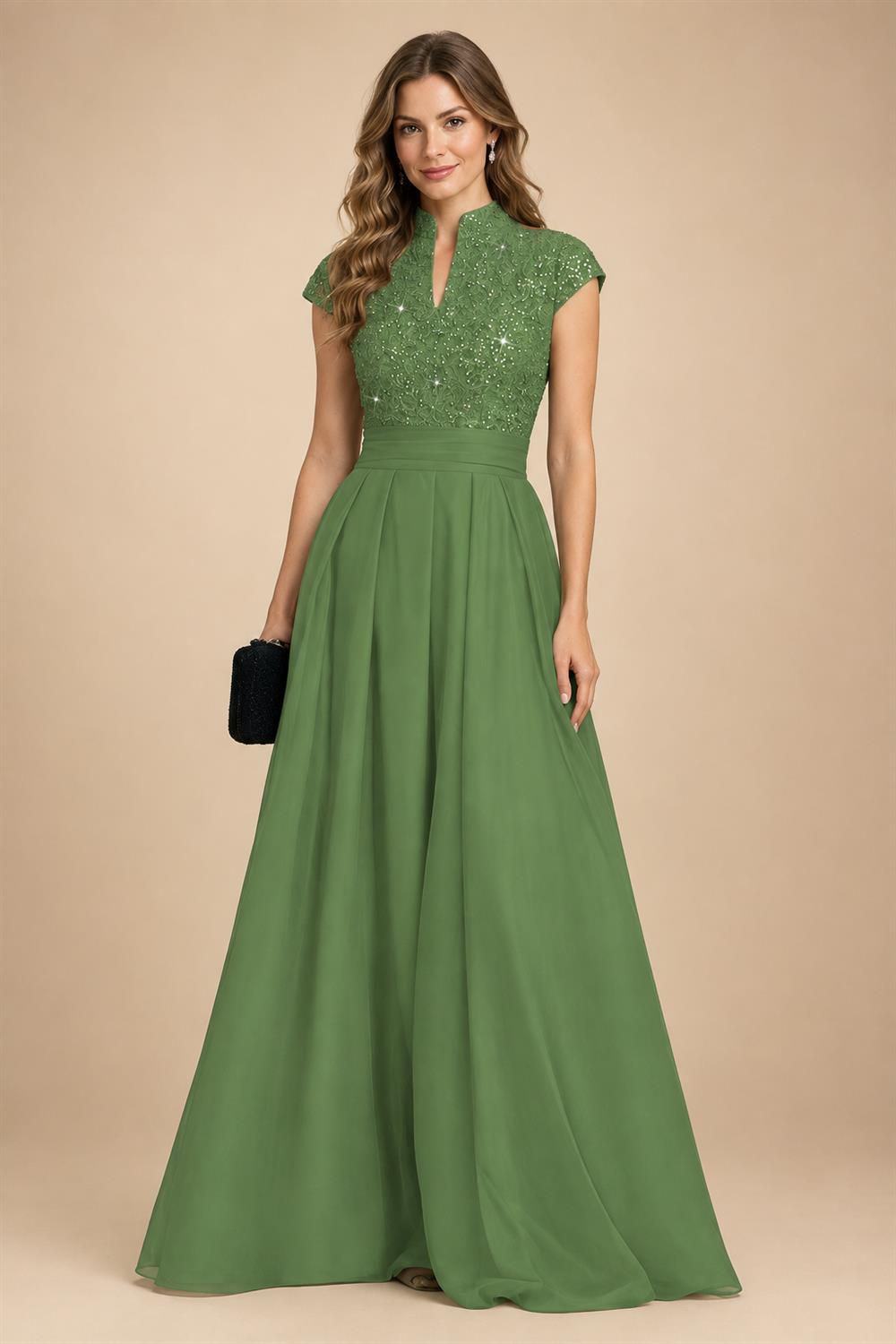 A Line/Princess Stand Collar Short Sleeve Long Elegant Mother of the Bride Dresses (SHI22500207)