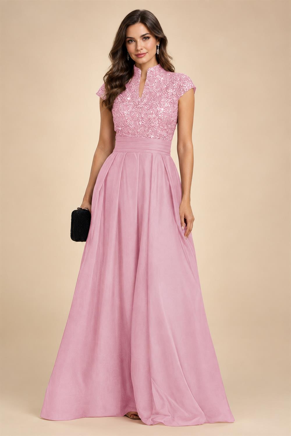 A Line/Princess Stand Collar Short Sleeve Long Elegant Mother of the Bride Dresses (SHI22500207)