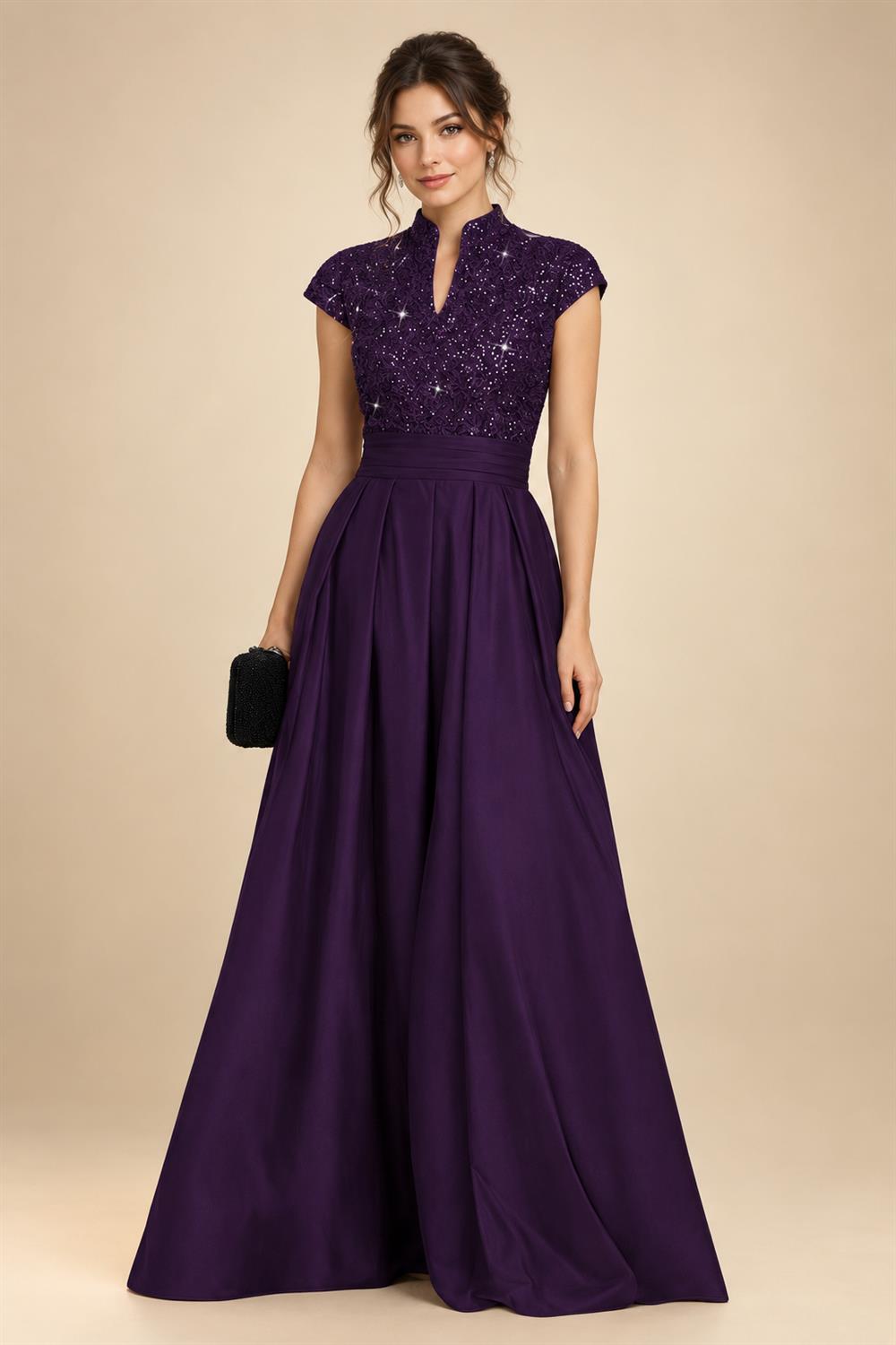 A Line/Princess Stand Collar Short Sleeve Long Elegant Mother of the Bride Dresses (SHI22500207)