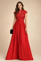 A Line/Princess Stand Collar Short Sleeve Long Elegant Mother of the Bride Dresses (SHI22500207)