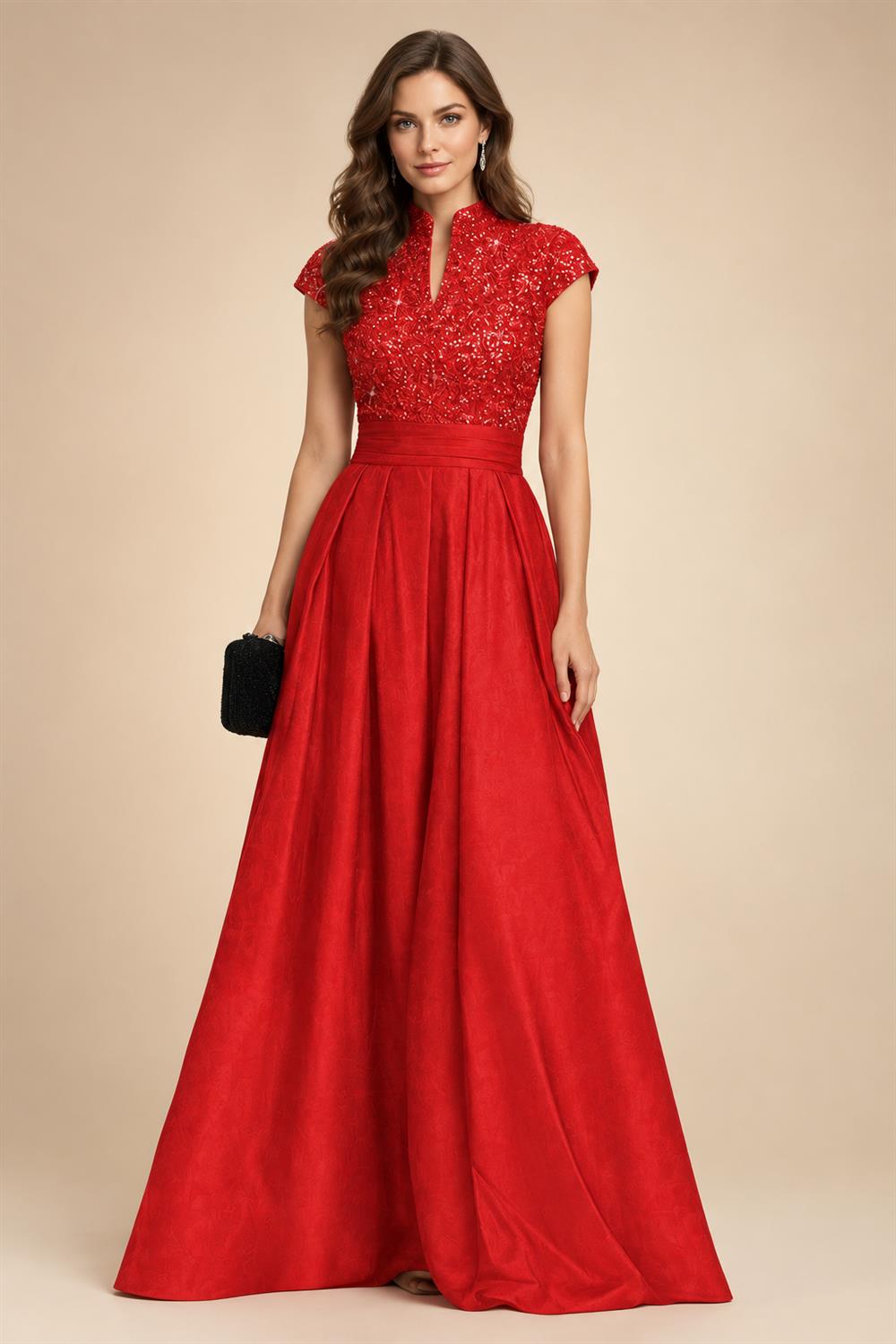 A Line/Princess Stand Collar Short Sleeve Long Elegant Mother of the Bride Dresses (SHI22500207)