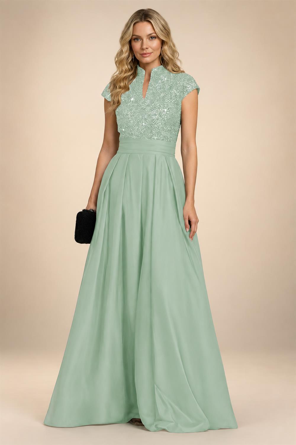 A Line/Princess Stand Collar Short Sleeve Long Elegant Mother of the Bride Dresses (SHI22500207)