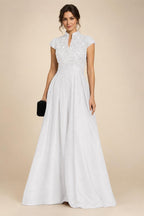 A Line/Princess Stand Collar Short Sleeve Long Elegant Mother of the Bride Dresses (SHI22500207)