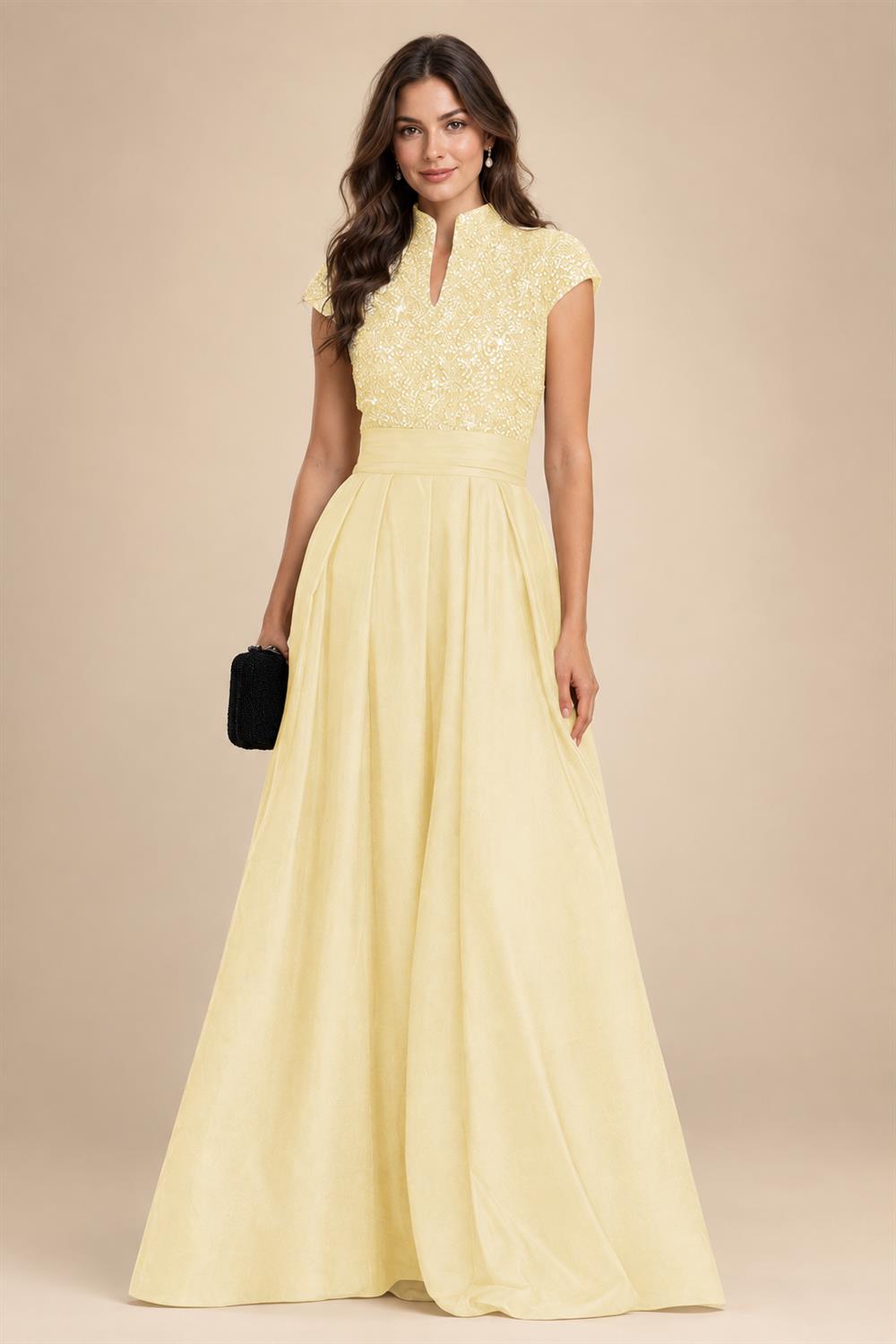A Line/Princess Stand Collar Short Sleeve Long Elegant Mother of the Bride Dresses (SHI22500207)