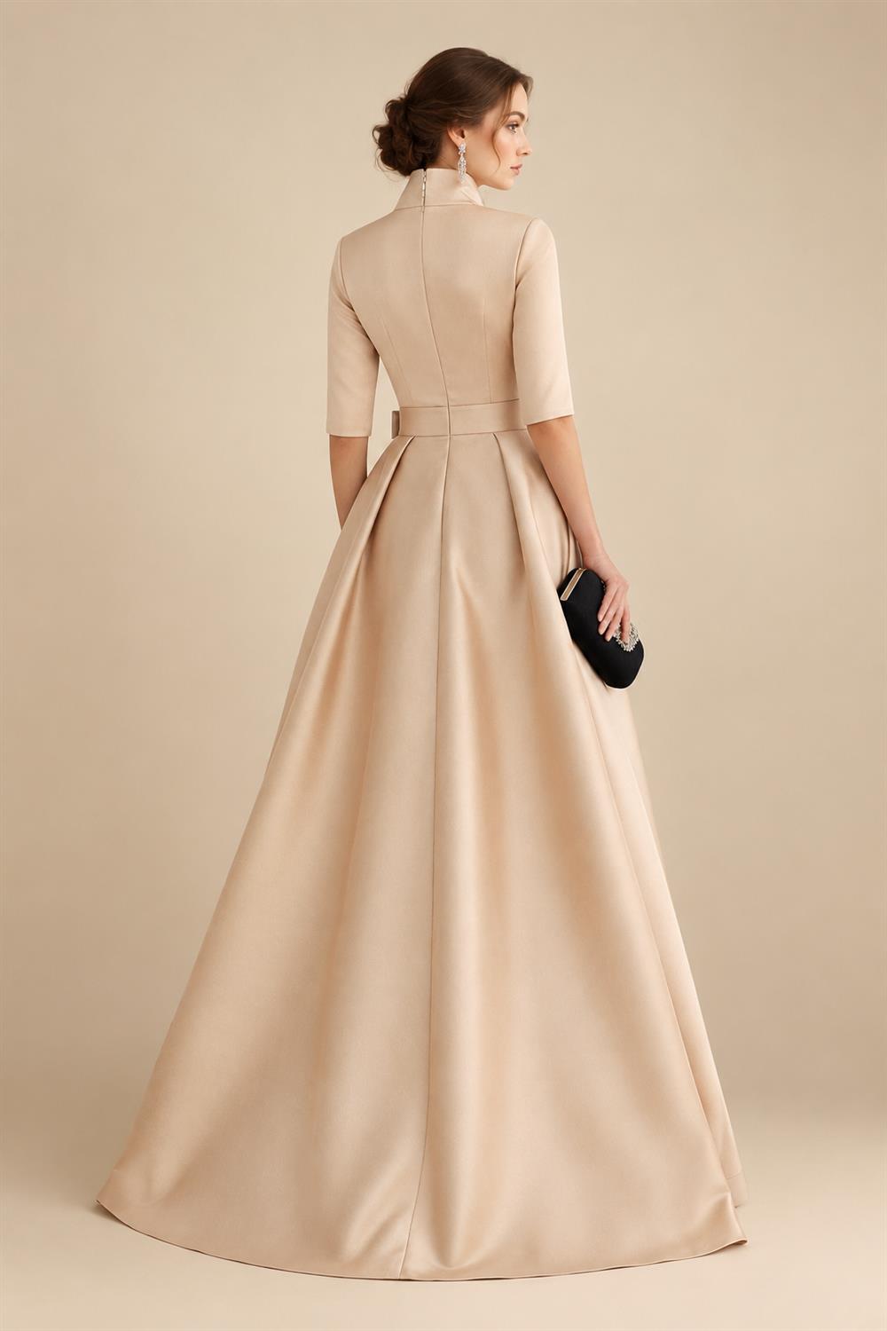 A-Line/Princess Scoop Neck Satin High-Low Mother of the Bride & Groom Dresses with Sequin Floral & Pleats (SHI22501631)