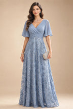 A-Line Chiffon Pleated Long Mother of the Bride & Groom Dresses with 3/4 Flutter Sleeves & Sequin Waist (SHI22500702)