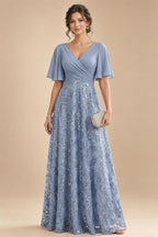 A Line V Neck Short Sleeve Chiffon Ruched Mother of the Bride Dresses with Sequin Embroidery (SHI22500231)