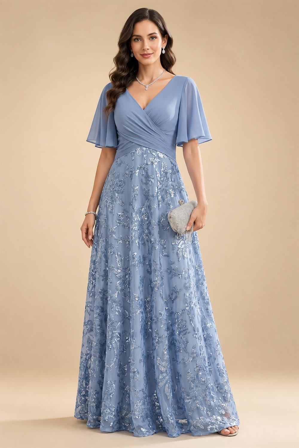 A-Line/Princess V-Neck Chiffon Maxi Mother of the Bride & Groom Dresses with Side Sash, Sweep Train & Ruched Bodice (SHI22501629)